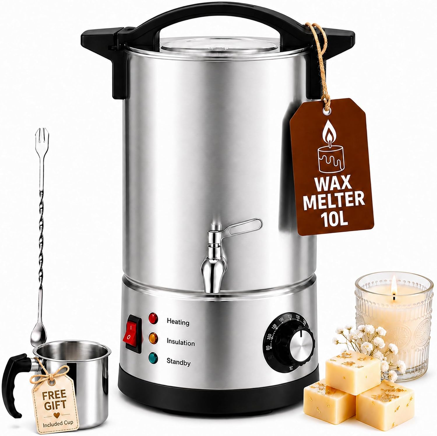 Candle Making Tempe - 10L Wachsschmelzer für Kerzenherstellung, Elektrischer Wachsschmelztopf